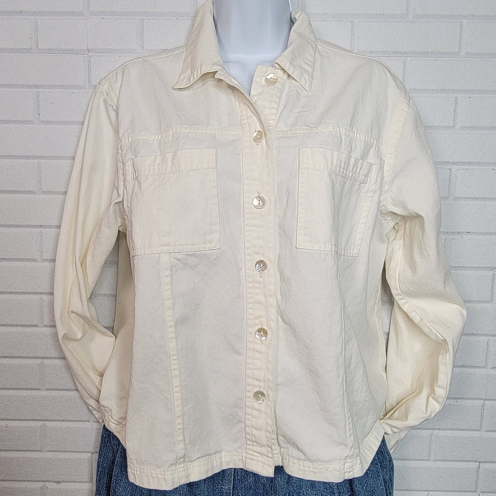 Vtg 1990s CRT Wolf Applique Shacket Sz L Cream Denim Western Rustic Jacket - Picture 9 of 9